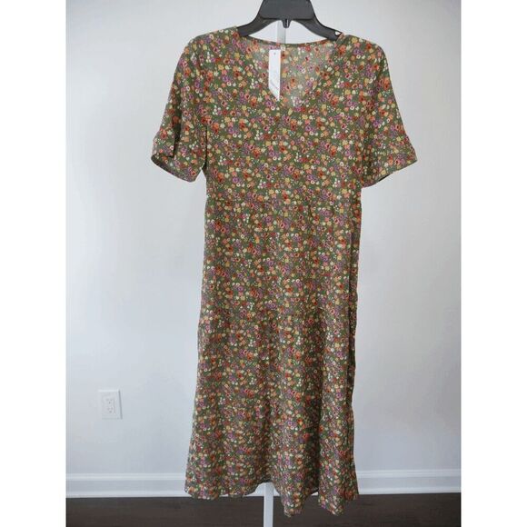 Floral Midi Dress | Green | V-Neck | Size S | Boho Summer Style | Lightweight - Picture 5 of 8